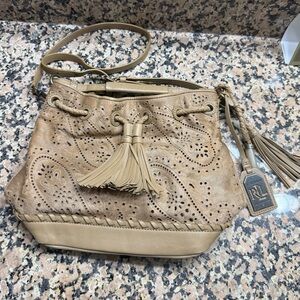 Ralph Lauren Tan Leather Perforated Tassel Crossbody Bag Cow Hair
